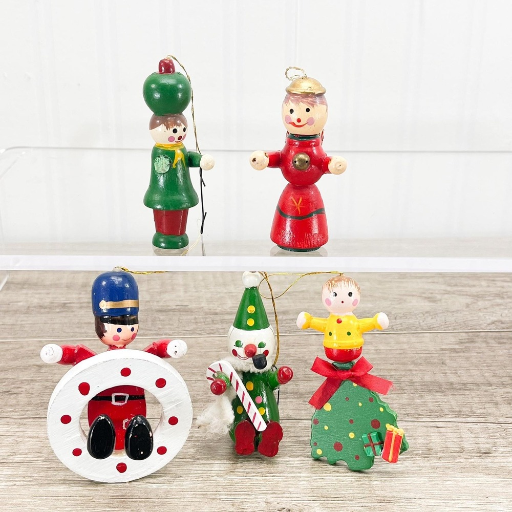 Set of 5 Vintage Miniature Wooden Christmas Ornaments
